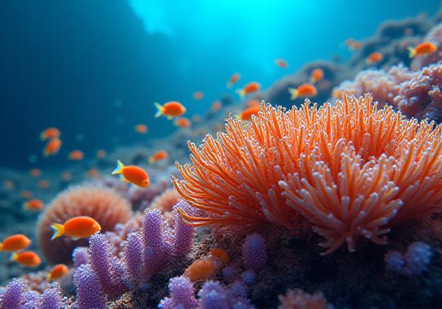 Vibrant healthy coral reef system with multiple fish species