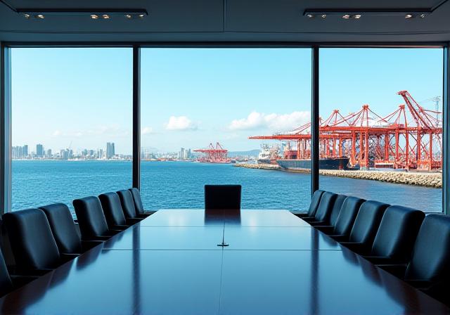 Professional meeting overlooking a busy harbor